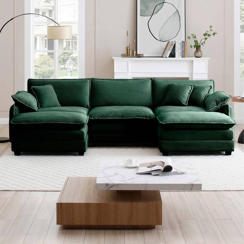 Green 5-piece Corduroy U-Shaped Modular Sectional Sofa with 2 Ottomans & 5 Pillows