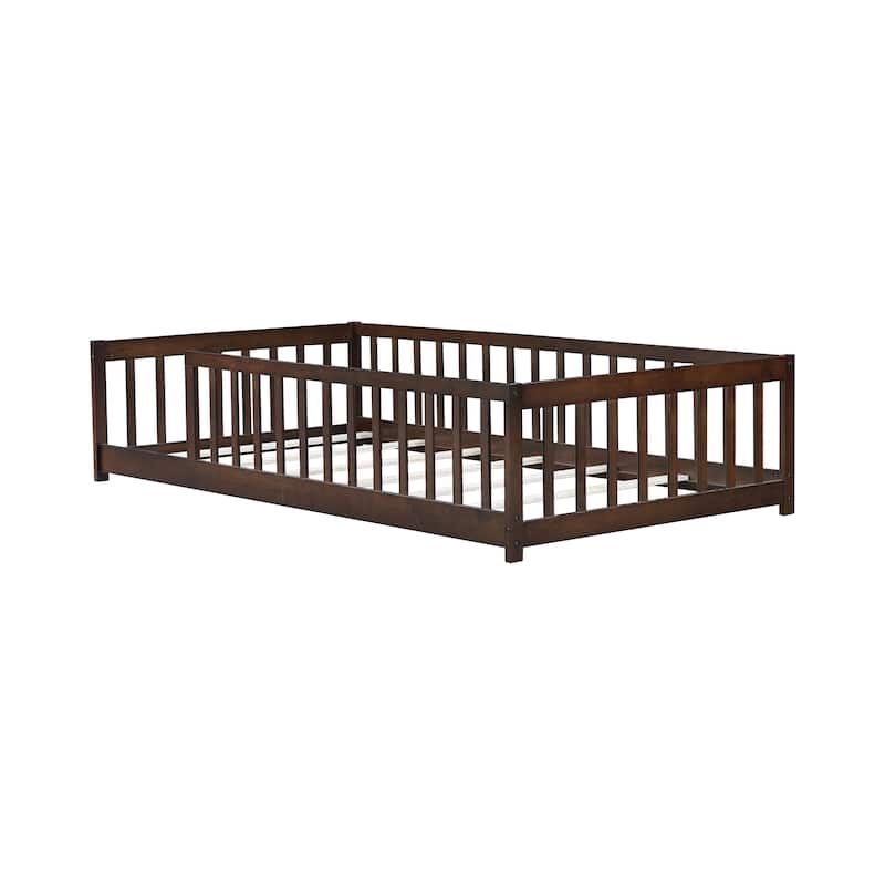 Montessori Twin Size Toddler Floor Bed with Fence without Door, Open-row Design Wood Frame Platform Bed with Safety Guardrails