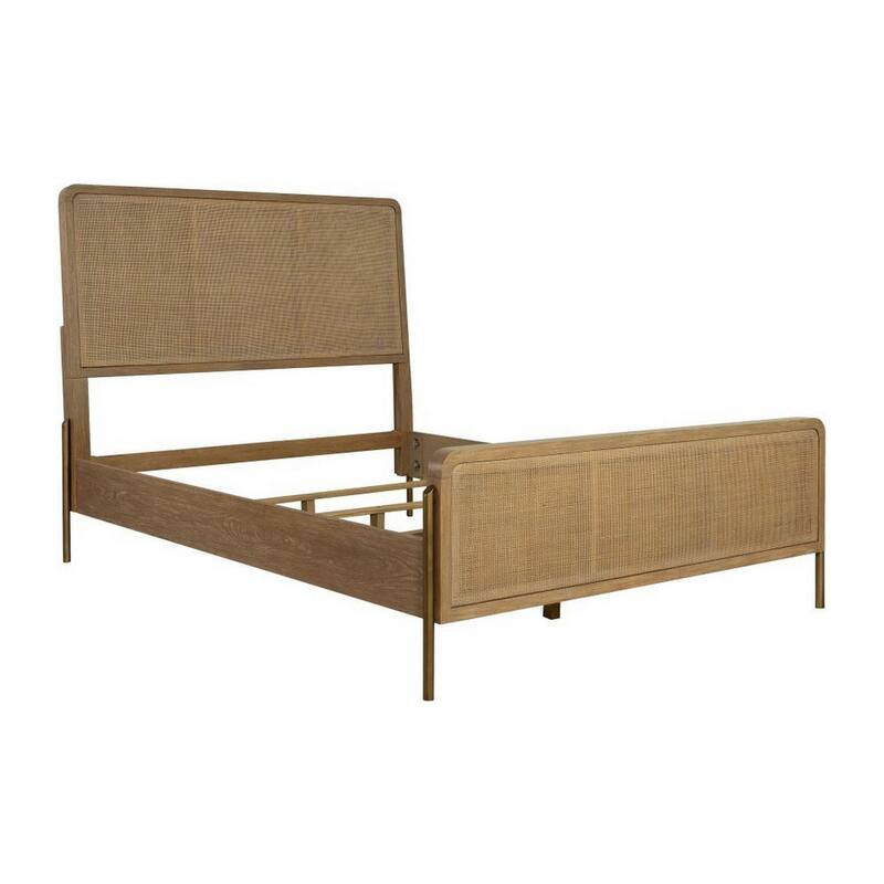 Sea Wood King Size Bed with Woven Cane Design, Open Panel, 4 Slats, Brown