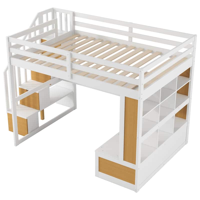 Full Size Loft Bed with Desk, Shelves, Drawers, and Storage Staircase in White and Natural