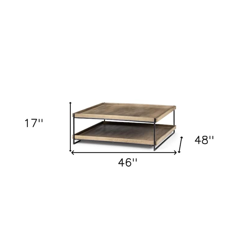 HomeRoots 46" Natural and Black Solid Wood and Metal Coffee Table With Shelf - 46