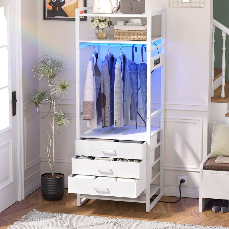 75 '' Tall Garment Rack with 3 Fabric Drawers, 4-Tier Clothing Rack with Power Outlets & LED Lights - White