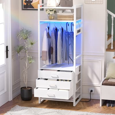 75 '' Tall Garment Rack with 3 Fabric Drawers, 4-Tier Clothing Rack with Power Outlets & LED Lights
