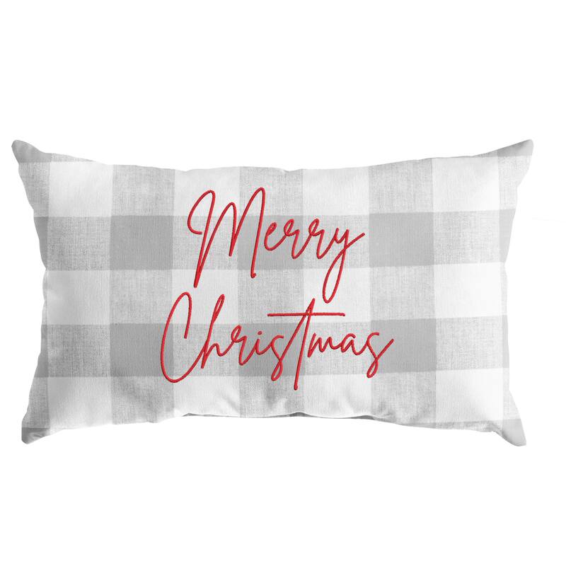 Merry Christmas Grey Buffalo Plaid Indoor/ Outdoor Pillow, 13 in x 20 in