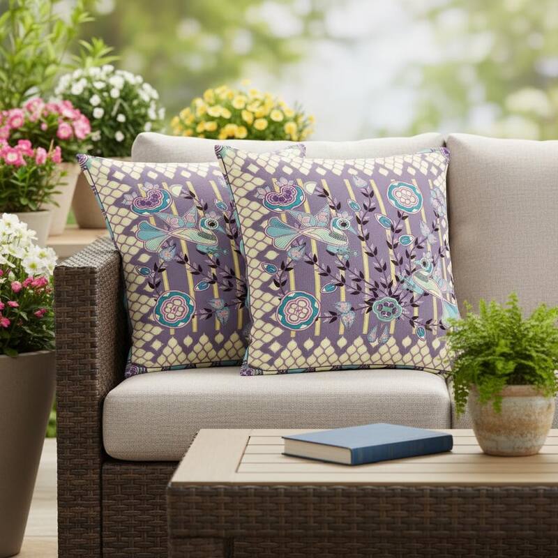 HomeRoots Set of Two 16" X 16" Blue and Purple Peacock Blown Seam Floral Indoor Outdoor Throw Pillow - 16.00' X '16.00' X '5.00 - Blue/Purple - 16.00' X '16.00' X '5.00