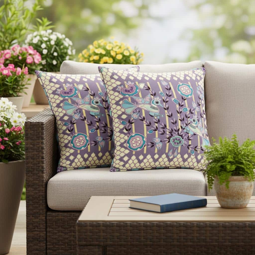 HomeRoots Set of Two 16" X 16" Blue and Purple Peacock Blown Seam Floral Indoor Outdoor Throw Pillow - 16.00' X '16.00' X '5.00