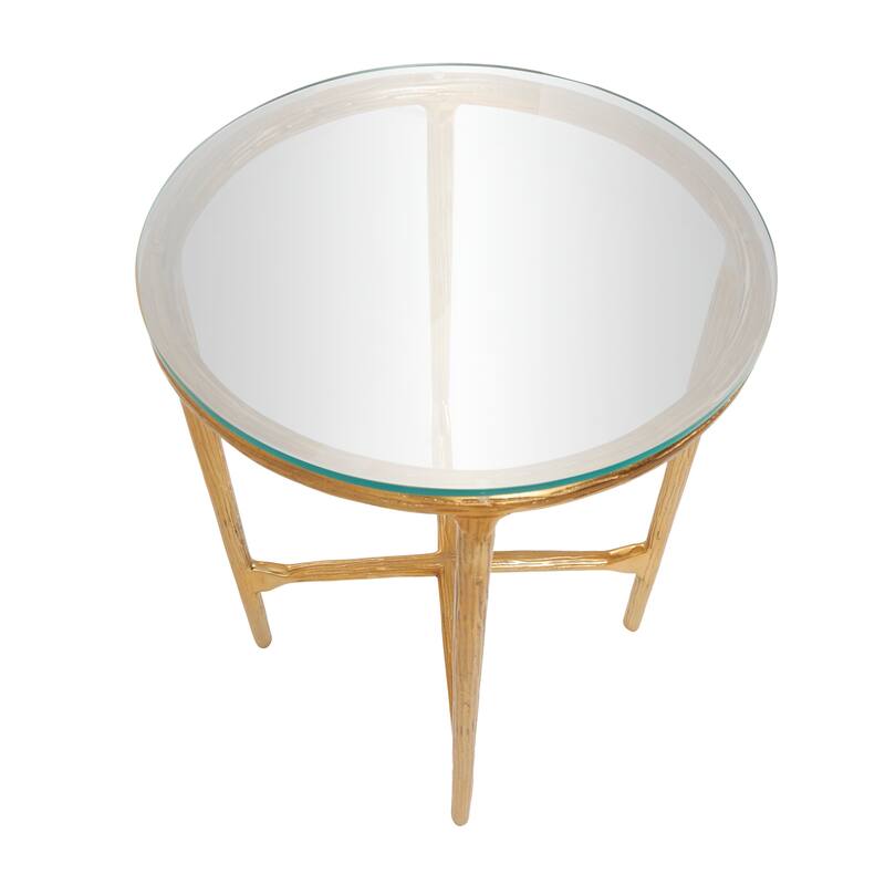 Gold or Silver Aluminum Metal Textured Accent Table with Glass Tabletop