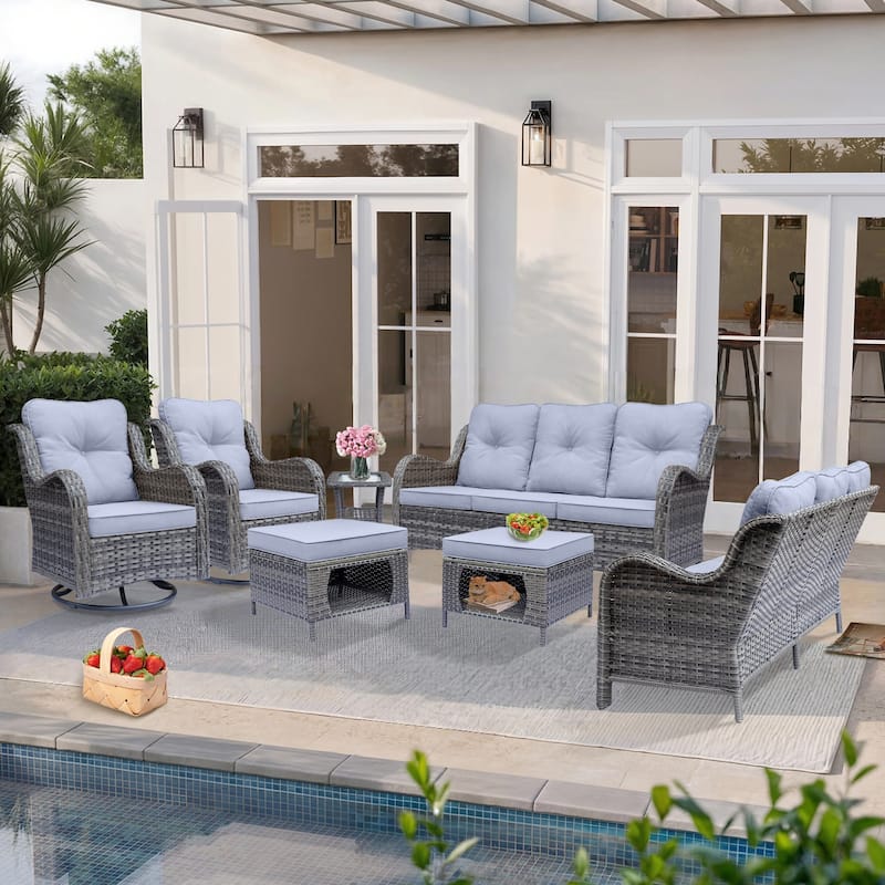 7-Piece Outdoor Wicker Patio Conversation Swivel Chairs Furniture Sets