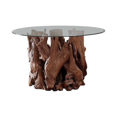 32 Inch Rustic Dining Table Base, Tree Trunk Style, Rich Brown Teak Wood