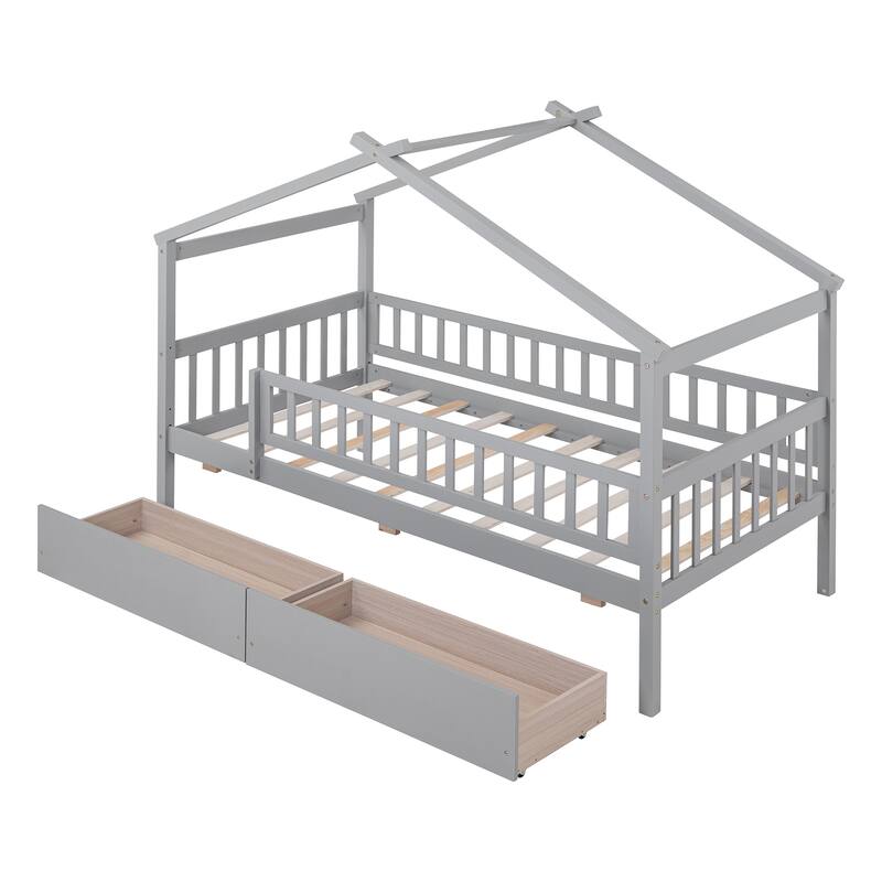 Wooden House Bed for Kids with Two Storage Drawers, Sturdy Twin Size Design