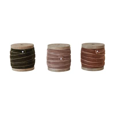 Velvet Ribbon on Wood Spool, Set of 3 - Multi
