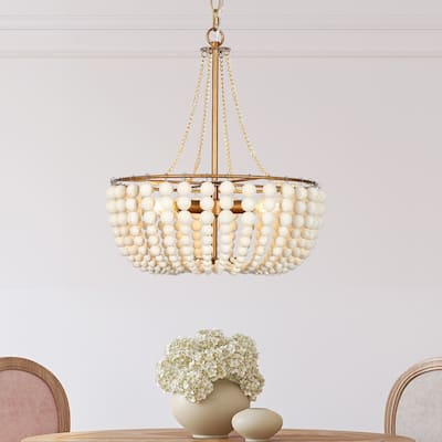 Renia Modern Glam Distressed Wood Beaded Coastal Chandelier 3-light French Country Antique Brass Kitchen Bedroom Lights