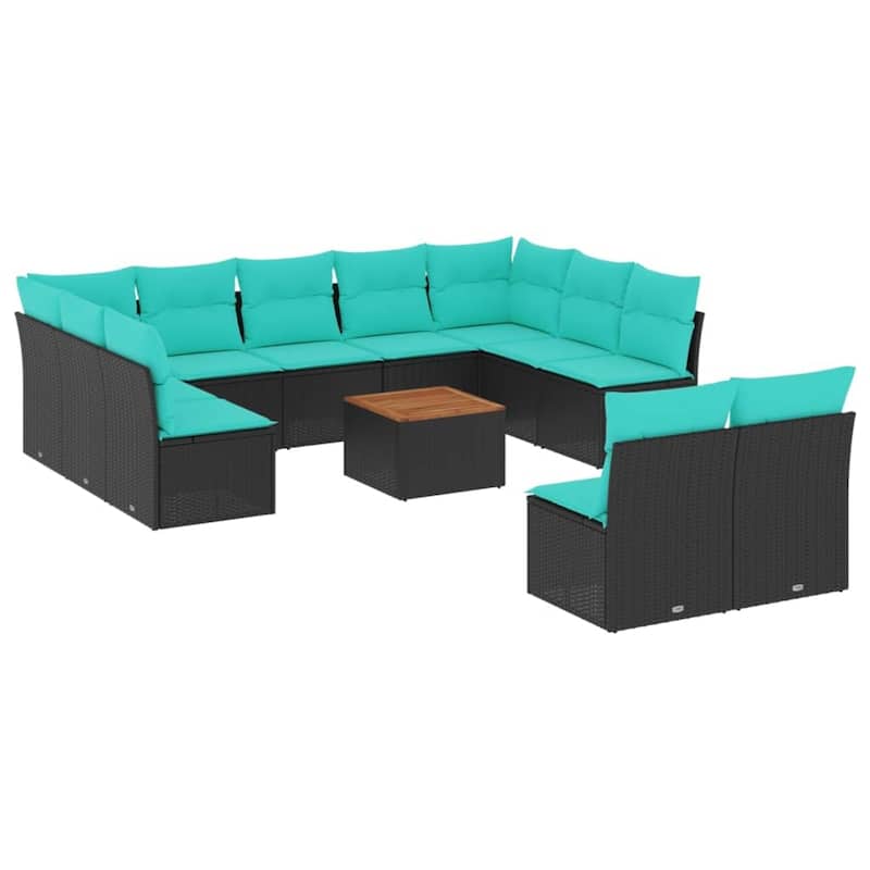 vidaXL 12 Piece Patio Sofa Set with Cushions Black Poly Rattan - 24.4 x 24.4 x 27.2