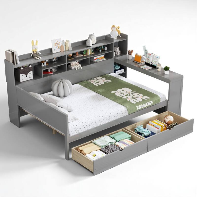 Multi-Functional Gray Twin/Full Size Daybed with Storage Shelves, Drawers, and Foot-End Study Desk - Grey - Full