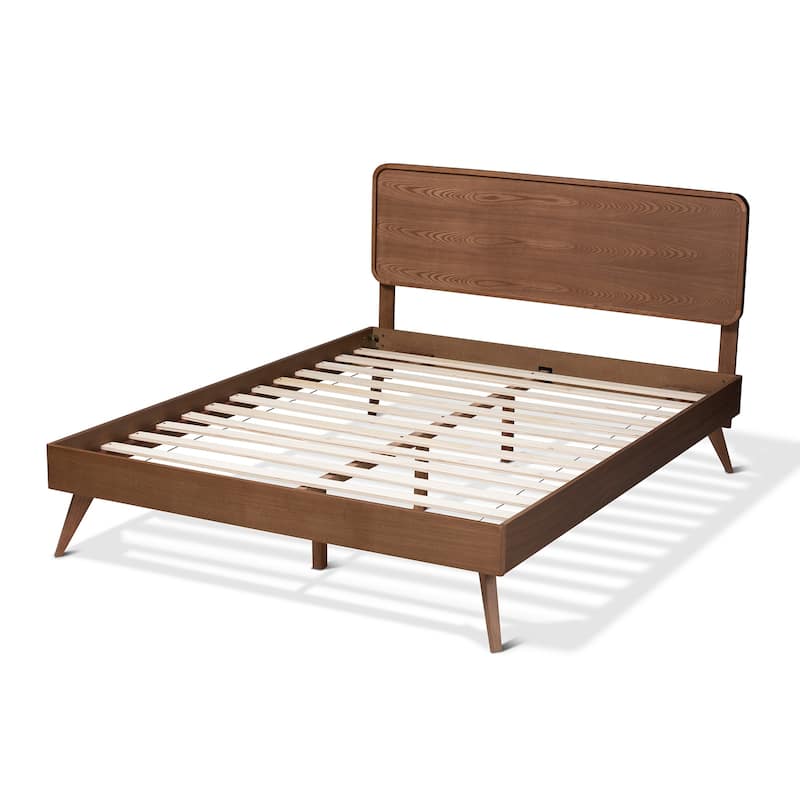 Mid-Century Modern Walnut Brown Wood Queen Platform Bed with Clean Lines for Stylish Bedrooms