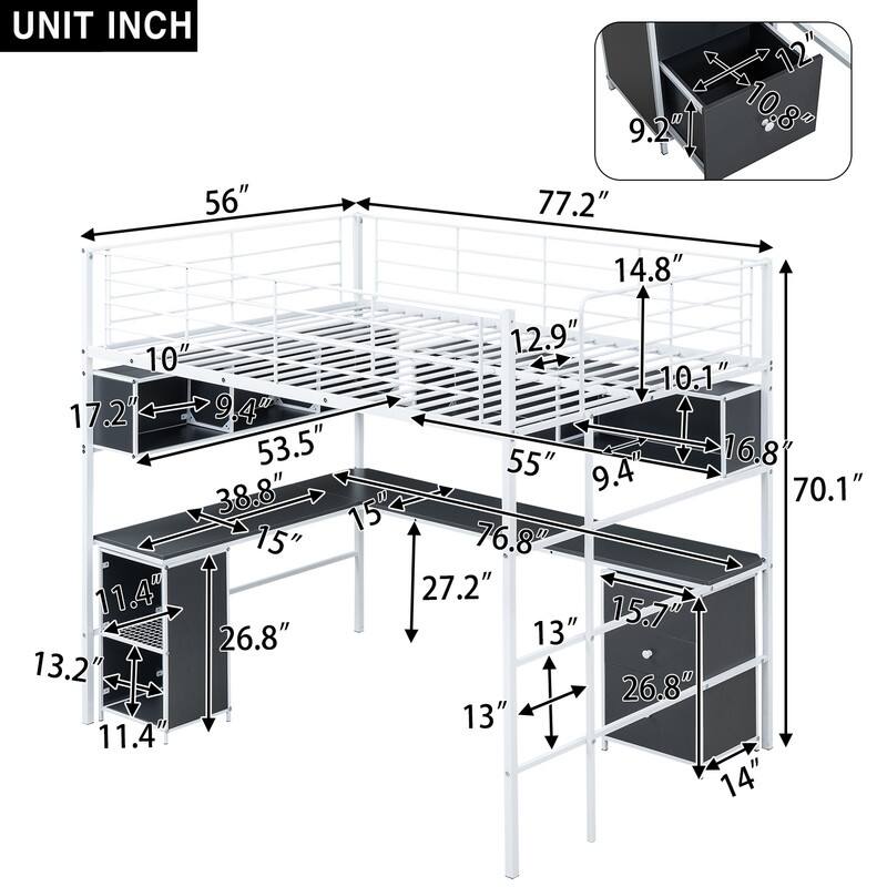 Full Size Metal Loft Bed with Bookcase, Desk and Cabinet