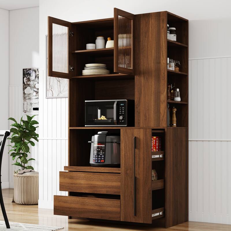 Roomfitters Kitchen Pantry Cabinet with Pull-Out Storage Shelf, Microwave Stand and 2 Drawers, Freestanding Food Hutch, Walnut - Walnut