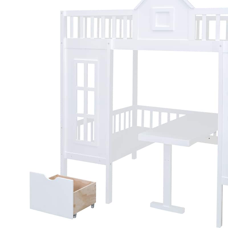 Full Size Wooden Loft Bunk Bed with Table, Seats, and Storage Shelves