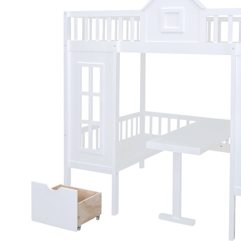 Stairway Bunk Bed with Changeable Table, Wood House Bedframe with Window & 2 Drawers, Bunk Bed Turn into Upper Bed and Down Desk