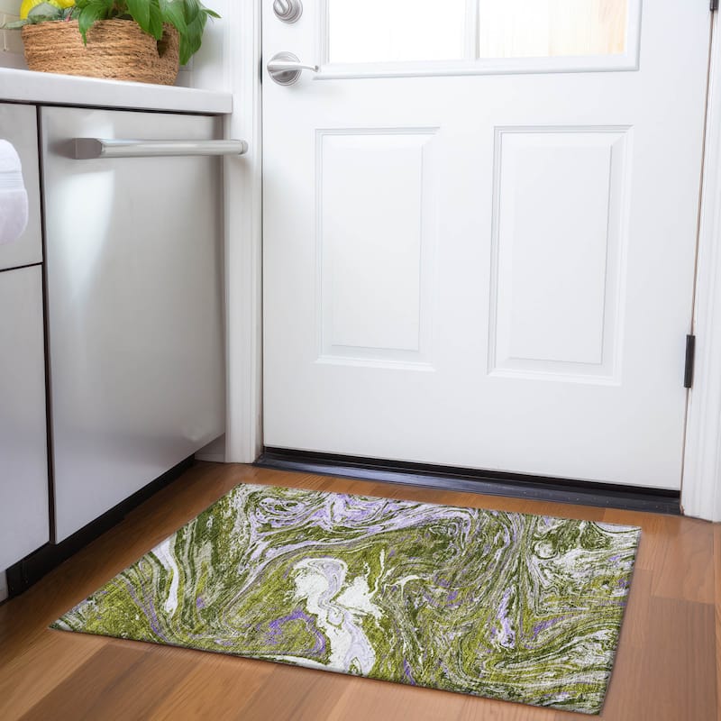 Premium Washable Super Soft Abstract Flow Mayfield Rug - Olive - 1'8" x 2'6"