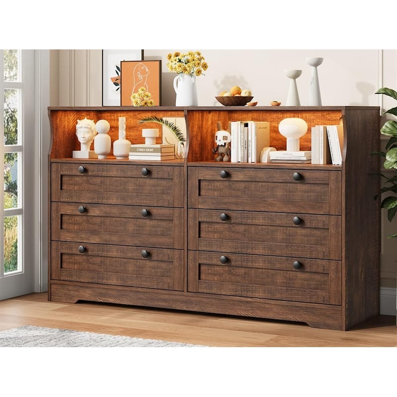 6 Drawer Dresser with RGB LED Lights & Power Outlet - Brown