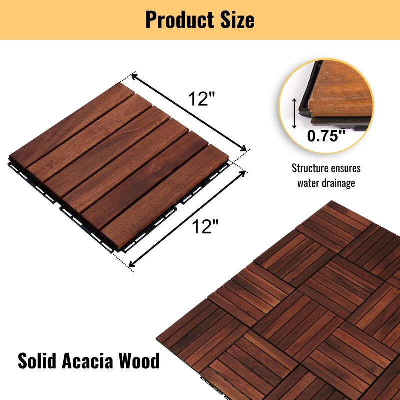 10 PCS Interlocking Deck Tiles Striped Pattern, 12" x 12" Square Acacia Hardwood Outdoor Flooring for Patio,Bancony,Pool Side