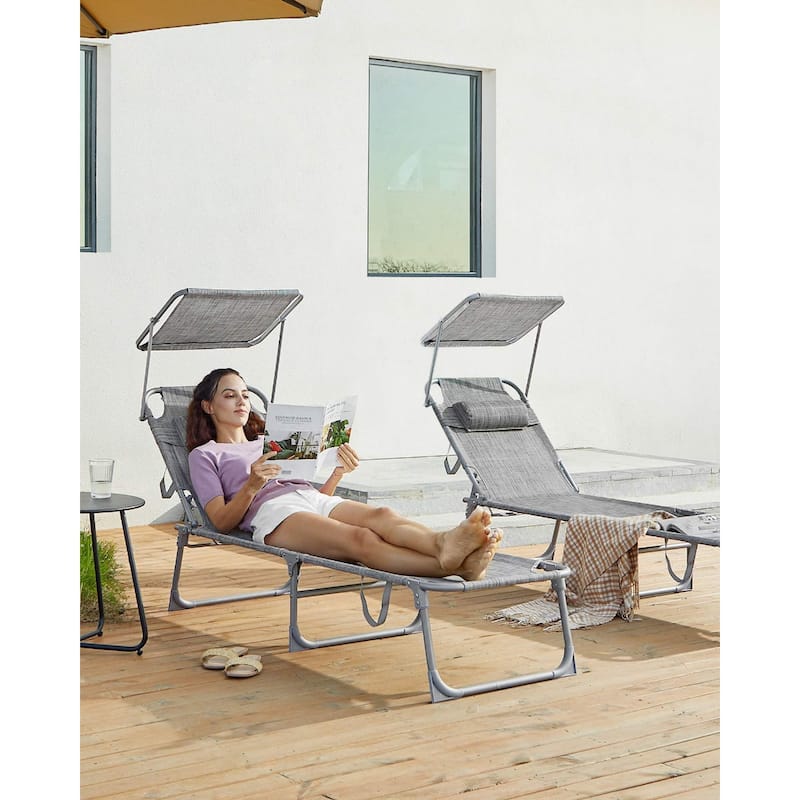 Steel Folding Sun Lounger with Adjustable Recline, Detachable Headrest and Sunshade - 76"D x 20.9"W x 11.4"H