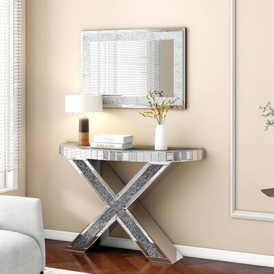 Modern Tall Console Table Mirrored Furniture Diamond Crushed Glass Mirror Tabletop Mirrored Console Table Vanity Table