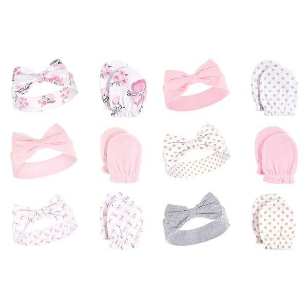 slide 1 of 1, Hudson Baby Infant Girl 12Pc Cotton Headband and Scratch Mitten Set, Pink Floral Dots, 0-6 Months - Pink Floral Dots Pink Floral Dots - 0-6 Months