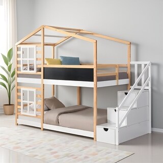 Twin over Twin Bunk Bed House Bed With Roof Windows & Storage Ladder ...