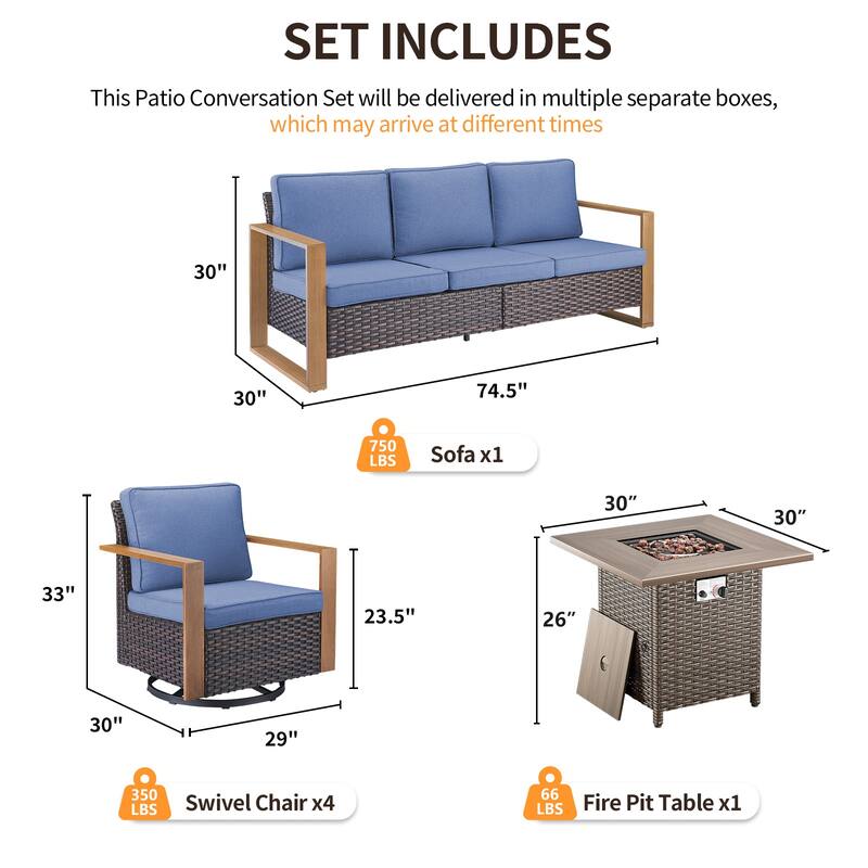 Pocassy 4/6/8PCS Sofa Swivel Chair with Fire Pit Table Set