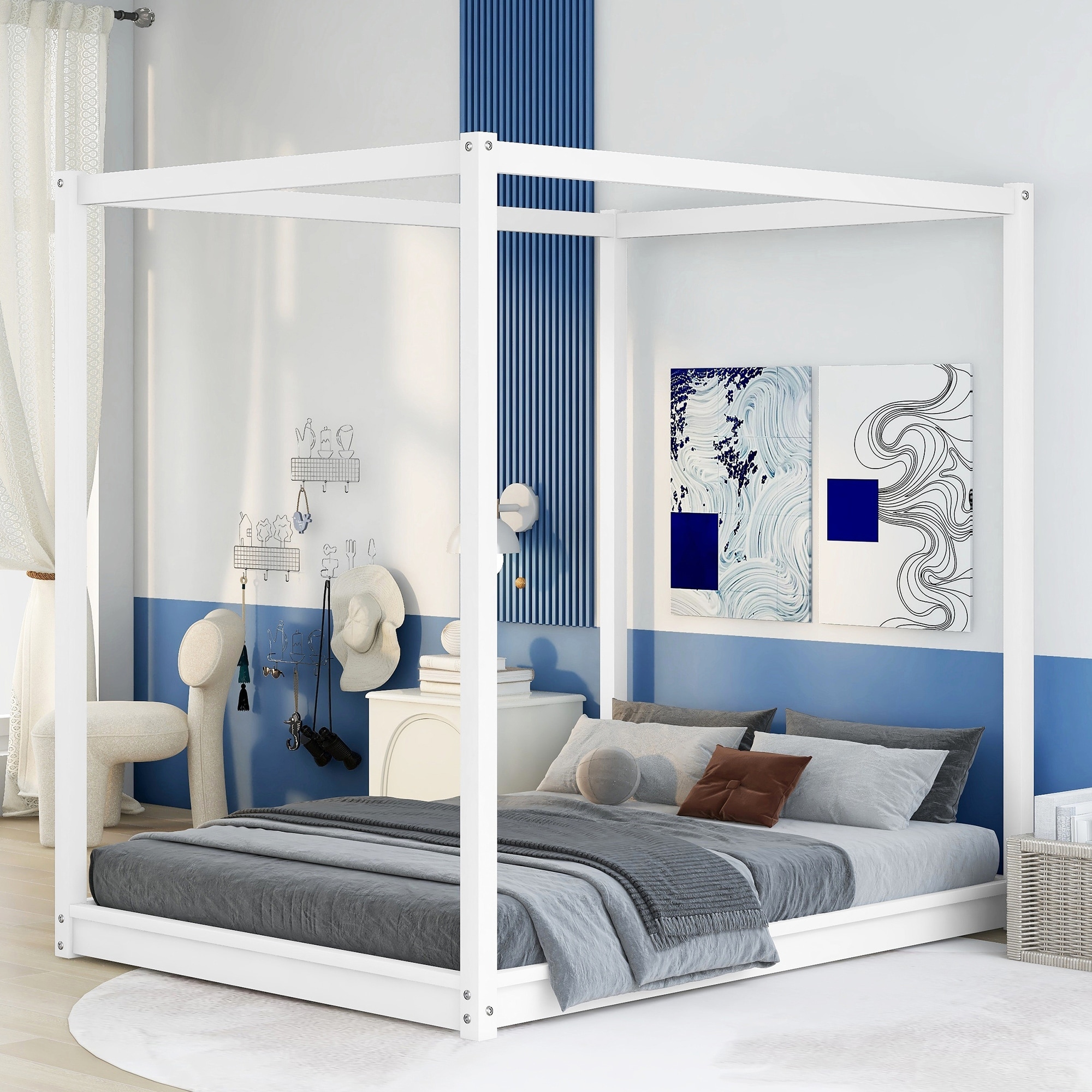 Modern Floor Platform Bed with Headboard Solid Wood 4 Columns Canopy Bedframe w Wood Support Legs No Need Spring Box