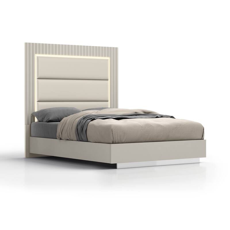 Queen Bed Frame Grey Upholstered Headboard with Light Stainless Steel Base