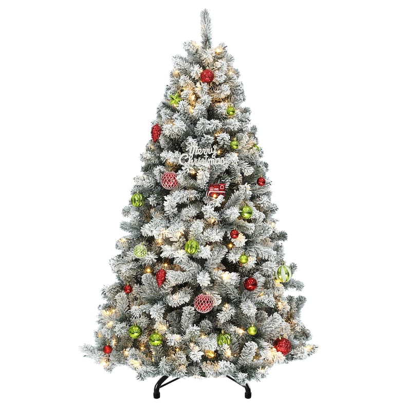 6 /7.5 /9 ft Prelit Snow Flocked Christmas Tree with Remote, 11 Light Modes & Foldable Base