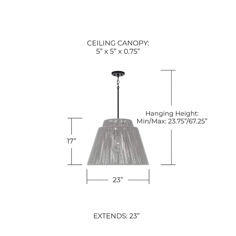 24" W x 17.25" H 1-Light Indoor Outdoor Pendant in Matte Black and Hand-wrapped Resin Rope - 23"W x 17"H