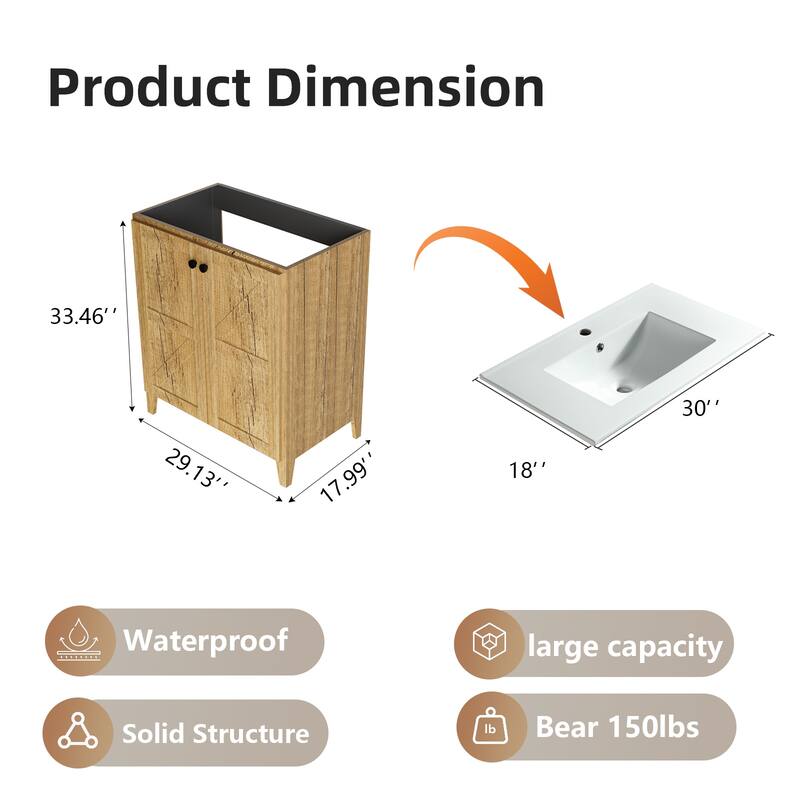 30 Inch Folding Bathroom Floor Cabinet with Ceramic Sink, 1-Minute Tool-Free Install, Space-Saving Freestanding Vanity