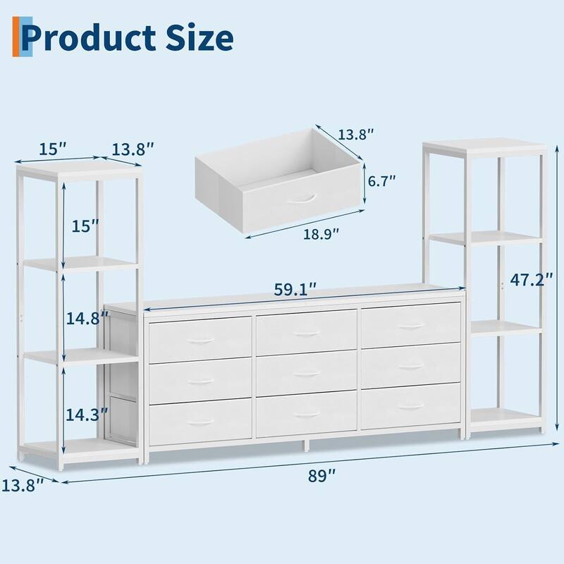 Entertainment Center TV Stand with 9 Drawers and Bookshelves for Living Room