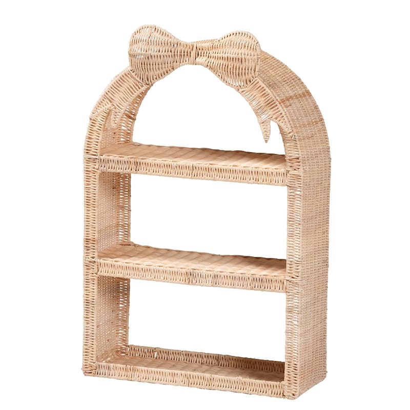Creusa Natural Rattan Wall Shelf - 3-Tier Decorative Storage Rack with Arched Frame and Woven Bow Accent, Coastal Display Shelf - Natural Brown