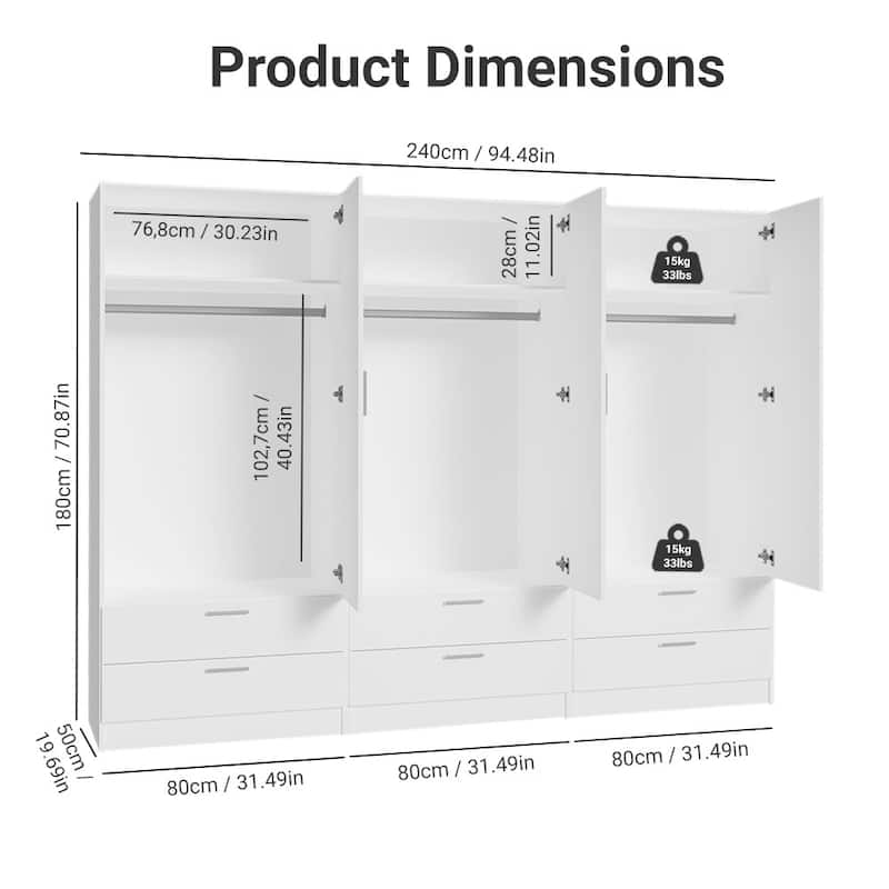 Madesa 6 Doors 6 Drawers Wardrobe With Hanging Space 94"L