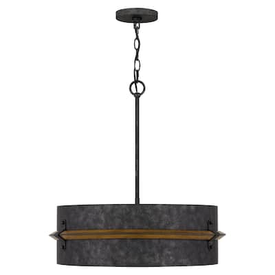 Lariat 3-Light Old Black Drum Pendant Light with Wooden Trim