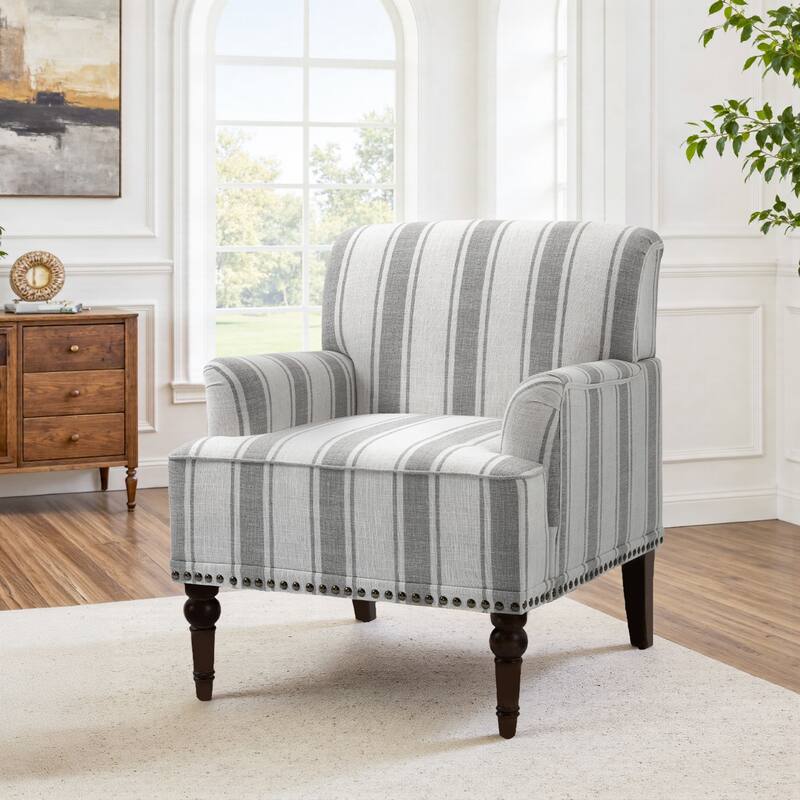 Striped Upholstered Linen Armchair with Brass Nailhead Trim