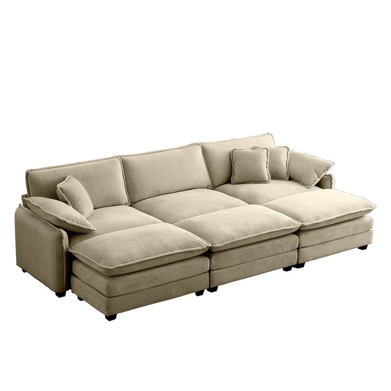 Tan 6-piece Corduroy Upholstered Modular Sleeper Sectional Sofa with 3 Removable Ottoman and 5 Pillows, Free Combination