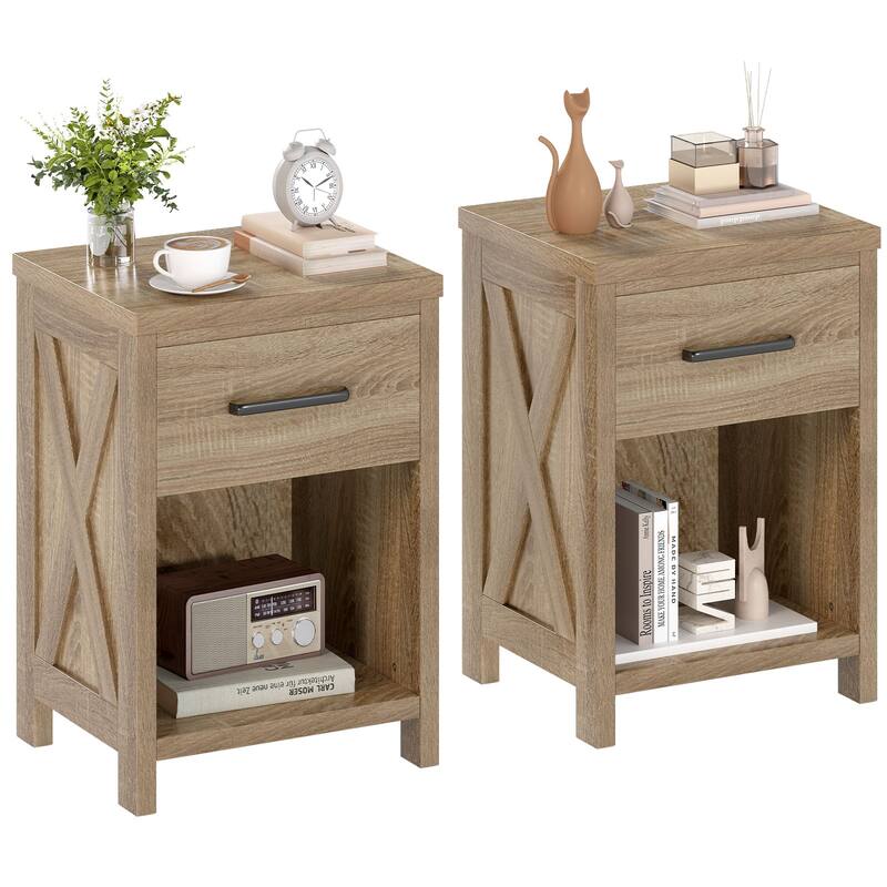 Gymax 2PCS Nightstand Sofa Side Table Rustic End Table w/Drawer Shelf - Antique Brush White - MDF