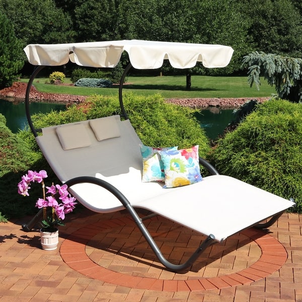 slide 2 of 9, Sunnydaze Double Chaise Lounge with Canopy Shade and Headrest Pillows - Beige