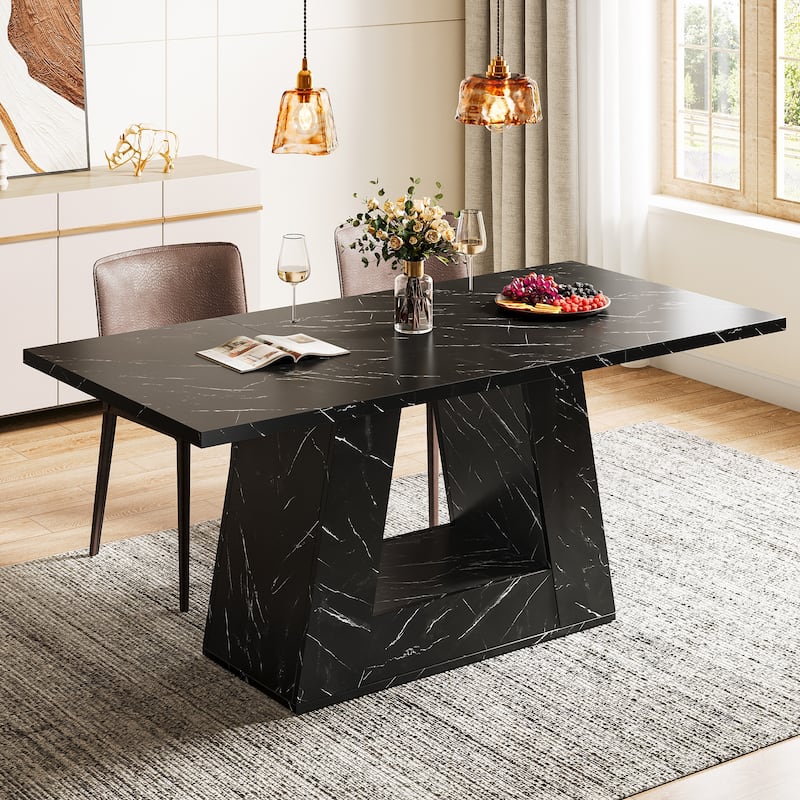 Farmhouse Modern Wooden Faux Marble Dinner Table with Sturdy Base - Black