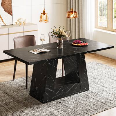 Farmhouse Modern Wooden Faux Marble Dinner Table with Sturdy Base