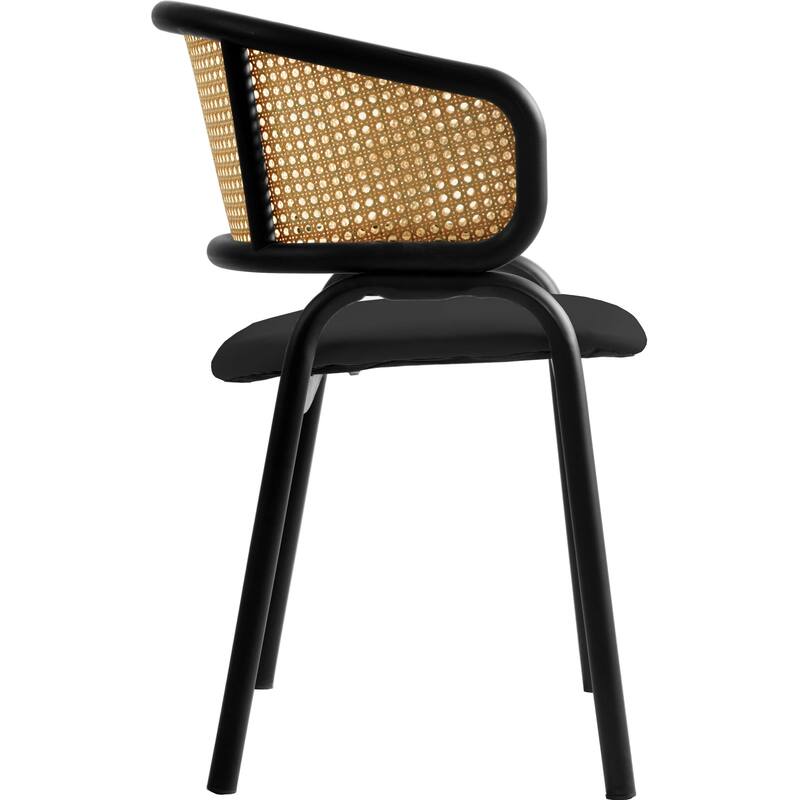 LeisureMod Set of 4 Modern Wicker Back Leather Dining Chairs with Black Steel Frame - Accent Side Armchair for Home Upgrade
