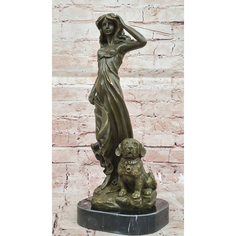 Bronze Lady With Loyal Imitative Dog Sculpture On Marble Base By Aldo Vitaleh