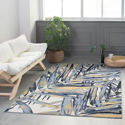 Lela Collection Blue, Grey, and Ivory Tropical Leaf Polyester Rug