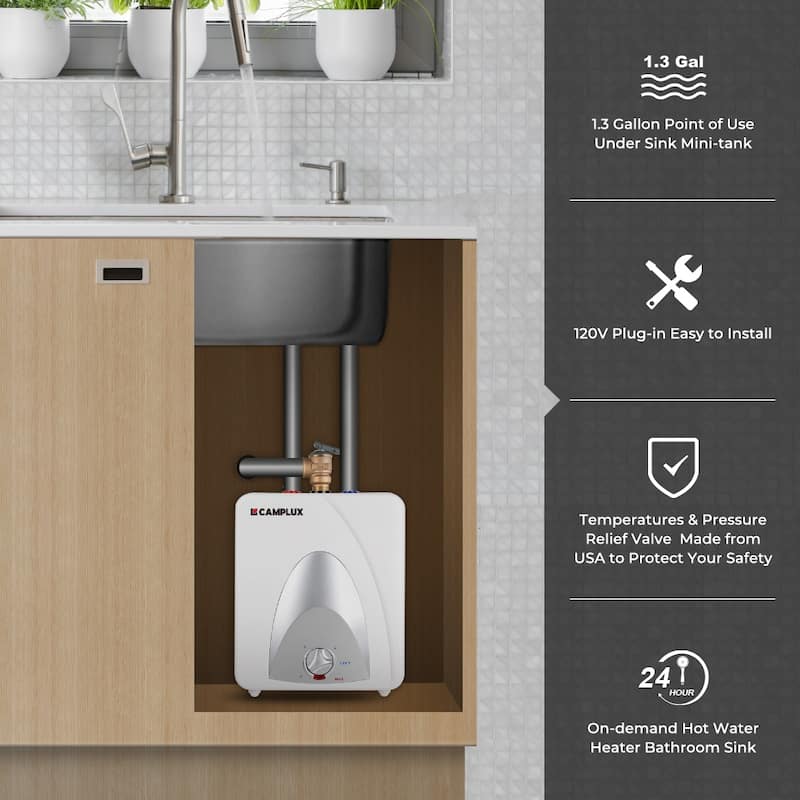 CAMPLUX 1.3 Gallons 1.44 kW Small Mini Tank Electric Water Heater with Cord Plug, White - N/A